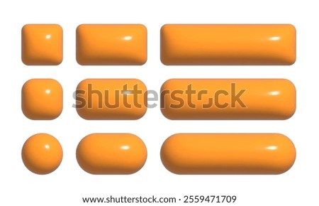 3d buttons collection for UI and UX design. Realistic orange glossy squared and rounded badges