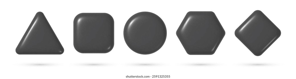 3d buttons set with basic forms: circle, square, triangle, rhomb, hexagon. Black realistic badges collection isolated