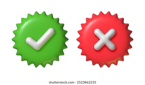 3d buttons of Yes and No. Realistic right and wrong icon. Plastic red cross and green tick on star badge