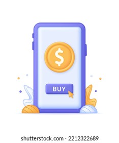 3D Buy Dollar illustration. Money conversion. Buying dollar online, buying currency from your phone. Buying currency on the stock exchange. Online payment. Vector in 3d style.