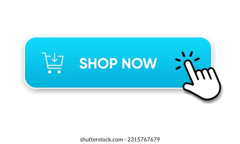 3d buy now orange button with hand cursor. Button hand pointer clicking. Click here banner with shadow. Click push button isolated. Online shopping.