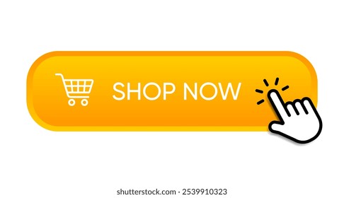 3d buy now orange button with hand cursor. Button hand pointer clicking. Click here banner with shadow. Click push button isolated. Online shopping.