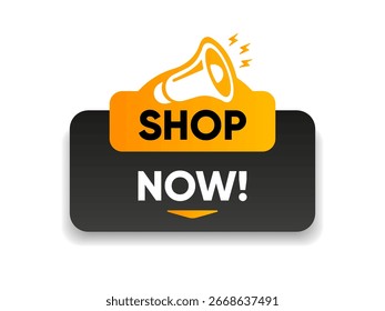 3d buy now orange button with hand cursor. Button hand pointer clicking. Click here banner with shadow. Click push button isolated. Online shopping.