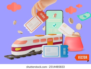3d Buy Train Tickets Online Travel and Tourism Concept Background Cartoon Design Style. Vector illustration of Mobile Phone
