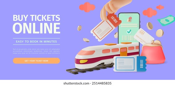 3d Comprar Bilhetes de Trem Online Viagens e Turismo Conceito Anúncios Banner Cartaz. Ilustração vetorial do telefone celular