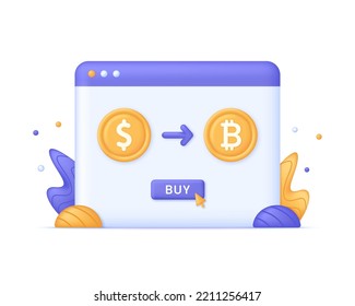 3D Buying Bitcoin and other currencies and investing in a crypto exchange. Finance, global digital money. Cryptocurrency transaction. Online banking. Modern vector in 3d style