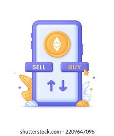 3D Buying Ethereum and other currencies and investing in a crypto exchange. Finance, global digital money. Cryptocurrency transaction. Online banking. Modern vector in 3d style.