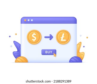 3D Buying Litecoin and other currencies and investing in a crypto exchange. Finance, global digital money. Cryptocurrency transaction. Online banking. Modern vector in 3d style.