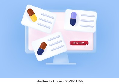 3d buying medicines online. Pharmacy, electronic purchase, selection of drugs. Correct use and choice of drugs on the computer screen. Pharmacy banner. Choice, buy pills. Vector illustration