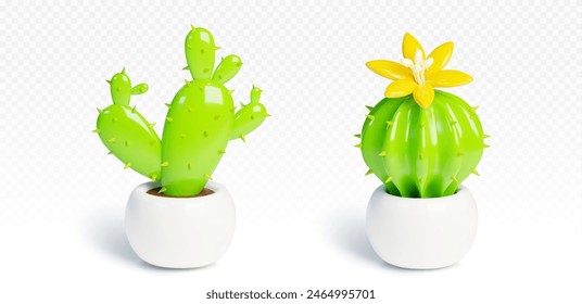 3d cactus with flower in pot render illustration. Cute plastic flowerpot icon indoor design. Isolated realistic houseplant interior decoration for office or home. Cacti with needle growth front view