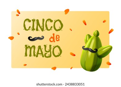 cactus 3d. Cactus lindos de dibujos animados mexicanos con bigote y pétalos de flores, bandera del día de cinco de mayo américa latina fiesta home plant méxico elementos de vacaciones del desierto ilustración vectorial de la fiesta mexicana 3d