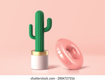 3d cactus pot and pink swimming ring. Cute summer fashion elements isolated on pink background.