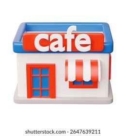 3d café. Edifício vermelho e azul brilhante com sinal e toldo. Vista frontal. Imóveis, negócios, serviços comerciais tema. Ilustração vetorial. Renderizar. Plano de fundo isolado. Ícone.