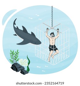 3d Cage diving. Extreme underwater activity. Man diver in the costume and shark swimming around. Dangerous predator. Great white sharks in clear blue water with scuba divers in a diving cage. 2353