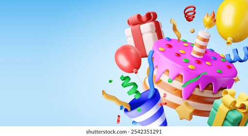 3D cake with candle, balloon and popper with confetti. Render chocolate layer cake decorated with purple glaze icing. Sweet party pie, holiday anniversary celebration dessert gift. Vector illustration