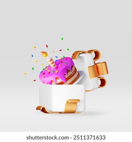 3D cake with candle with confetti in gift box. Render chocolate layer cake decorated with purple glaze icing. Sweet party pie, holiday anniversary, celebration dessert. Vector illustration