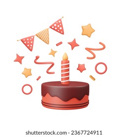 Torta 3d con velas, gafas de fiesta, estrellas, rociadores y banderas de amarre. Decoración de cumpleaños y elementos. Pastel de Aniversario con hielo de chocolate al estilo plástico. Ilustración vectorial.