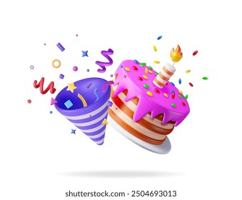 3D cake with candle and popper with confetti. Render chocolate layer cake decorated with purple glaze icing. Sweet party pie, holiday anniversary, celebration dessert gift. Vector illustration