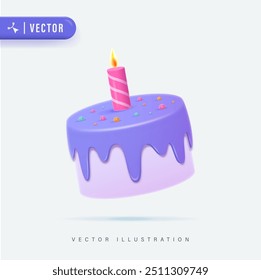 3d cake with candle, popper serpentine, stars. Birthday dessert. Celebration pie with sprinkles and icing in 3d style. Vector illustration in purple color on white background.