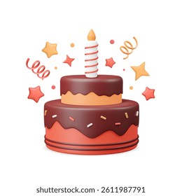 3d cake with candle, stars and confetti around. Dessert with chocolate glaze and sprinkles. Birthday, anniversary symbol. Party icon. Vector illustration, realistic render. Element for greeting card