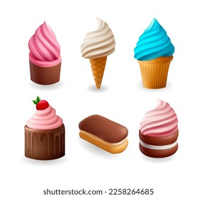 3d cake icon set, tasty ice cream vector collection. Delicious food birthday celebration bakery sign