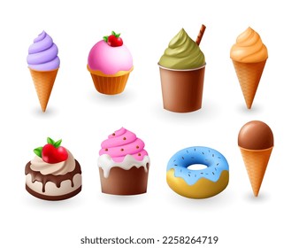 Juego de iconos de pasteles 3d, sabrosa colección vectorial de helados. Deliciosa panadería de celebración de cumpleaños
