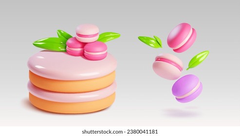 3d cake and macaron dessert icon for birthday party vector food illustration. Set of isolated pink valentine event celebration with confectionery and bakery. Tasty pastry snack with melted cream