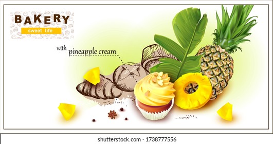 3d Cake, muffin with pineapple cream.Freehand Drawing buns with poppy seeds, Croissant, Buns with Butter.Flowing fruit jam. Pineapple and banana Leaf. Vector illustration.