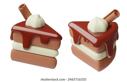 3D-Kuchenstück mit Schokoladenglasur-Vektorillustrationen-Set. Minimale dreidimensionale Plastik-Bäckerei-Symbole auf weißem Hintergrund isoliert. 