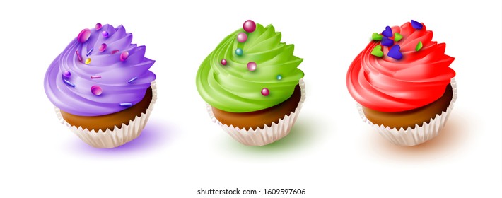 3D Cake. Set Of Sweet Cupcakes on white background. Fruit cream with pastry decoration.Vector image.