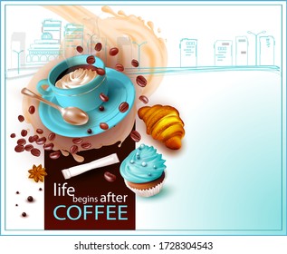 3D Cake.Fresh Croissant.Sweet Cupcakes.Fruit cream with pastry decoration.Coffee in a turquoise Cup with a teaspoon. Souffle, cream.Falling coffee beans.Bag of sugar.Postcard.Vector image.