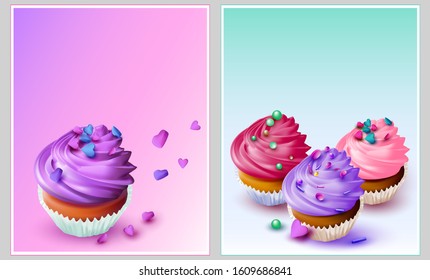 3D Cake.Sweet Cupcakes. Fruit cream with pastry decoration.Postcard.Vector image.