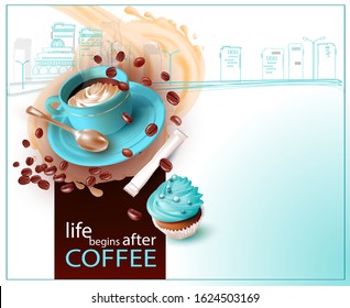 3D Cake.Sweet Cupcakes.Fruit Cream With Pastry Decoration.Coffee In A Turquoise Cup With A Teaspoon. Souffle, Cream.Falling Coffee Beans.Bag Of Sugar.Postcard.Vector Image.