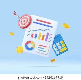 3d Calculator, bar chart, shooting target with floating coin. Concept of personal financial goal achievement, budget planning. 3d rendering. Vector illustration