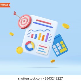 3d Calculator, bar chart, shooting target with floating coin. Concept of personal financial goal achievement, budget planning. 3d rendering. Vector illustration