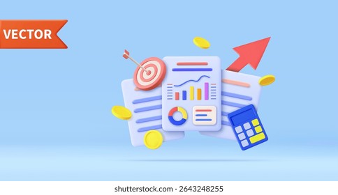 3d Calculator, bar chart, shooting target with floating coin. Concept of personal financial goal achievement, budget planning. 3d rendering. Vector illustration