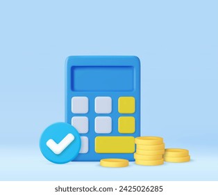 3d calculator Financial icon. money management, financial planning, calculating financial risk, calculator with coins stack and checklist. 3d rendering. Vector illustration