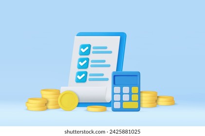 3d calculator Financial icon. money management, financial planning, calculating financial risk, calculator with coins stack.Tax payment and business tax concept. 3d rendering. Vector illustration