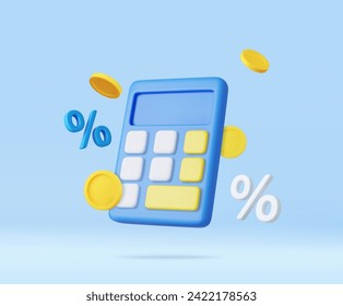 3D Calculator with floating coin. Budget management concept. Financial calculation of money. Tax time. 3d rendering. Vector illustration