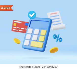3D Calculator with floating coin and credit card. Budget management concept. Financial calculation of money. Tax time. 3d rendering. Vector illustration