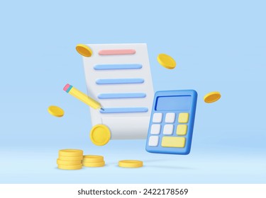 3d Calculator icon and paper document with financial reports. Budget planning, Financial calculation, Paper bill, transaction receipt, finance analyst. 3d rendering. Vector illustration