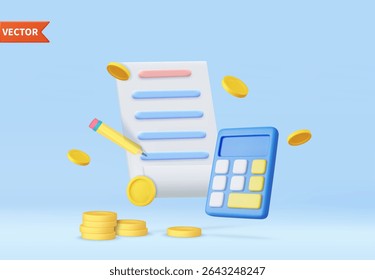 3d Calculator icon and paper document with financial reports. Budget planning, Financial calculation, Paper bill, transaction receipt, finance analyst. 3d rendering. Vector illustration