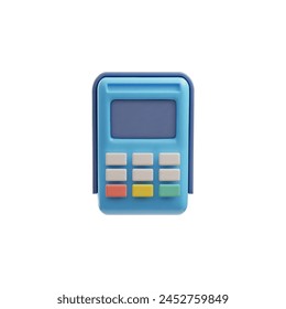 Ilustración de la calculadora 3D. Concepto de Vector con Botones azules, pantalla y material plástico sobre un fondo blanco, ideal para finanzas, impuestos y educación.