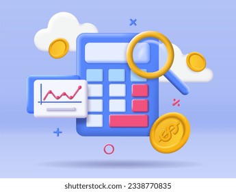 calculadora 3D con icono de sonido. Alfabetización financiera y contabilidad. Cálculos matemáticos. Gráficos, gráficos y diagramas. Ahorro y presupuesto. Ilustración vectorial isométrica de dibujos animados