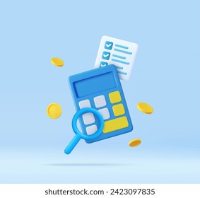 3d Calculator, magnifying glass, checklist with floating coin. . Concept of personal financial management, revenue calculation, accounting. 3d rendering. Vector illustration