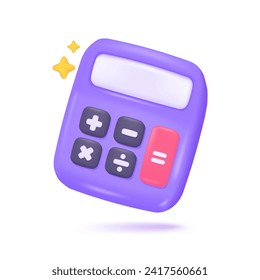 3D calculator. Purple calculator with buttons for counting values ​​to find mathematical results. 3D Vector Illustration.