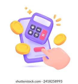 3D calculator. Purple calculator with buttons for counting values ​​to find mathematical results. 3D Vector Illustration.