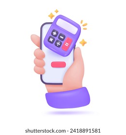 3D calculator. Purple calculator with buttons for counting values ​​to find mathematical results. 3D Vector Illustration.