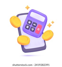 3D calculator. Purple calculator with buttons for counting values ​​to find mathematical results. 3D Vector Illustration.