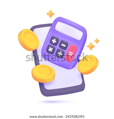 3D calculator. Purple calculator with buttons for counting values ​​to find mathematical results. 3D Vector Illustration.